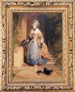 Ritratto di Louisa Jane, Marchesa di Abercorn, a figura intera, in un elaborato vestito giallo e blu ricamato, all