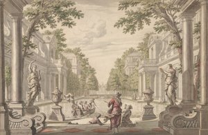 Veduta di un giardino di un palazzo con uno stagno centrale circondato da architettura classica