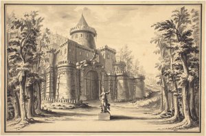 Scenografia con statua e palazzo da Daniel Marot the Younger