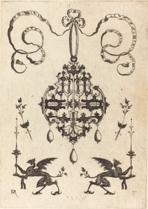 Grande pendente, in basso a sinistra e a destra due grifoni che portano candelabri fantastici da Daniel Mignot
