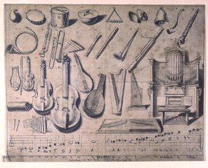 Vari strumenti musicali: percussioni, strumenti a corda e a fiato, organo, XX secolo