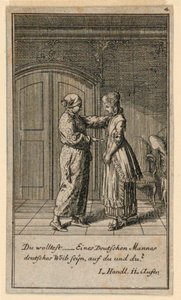 Un padre o tutore che parla a una ragazza, illustrazione della commedia "Nicht mehr als sachs Schuesseln" di Fredrich Wilhelm Grossman in "Königl: Grosbrit [anische] Genealogischer Kalender auf das 1782 Jahr Lauenberg bey J.G. Berenberg" da Daniel Nikolaus Chodowiecki