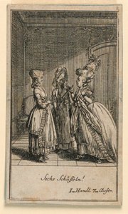Una donna anziana che sgrida una ragazza, illustrazione della commedia "Nicht mehr als sachs Schuesseln" di Fredrich Wilhelm Grossman in "Königl: Grosbrit [anische] Genealogischer Kalender auf das 1782 Jahr Lauenberg bey J.G. Berenberg" da Daniel Nikolaus Chodowiecki