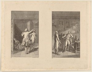 Il barone scaccia Candide dal castello [a sinistra]; Candide, Cunegonda e la vecchia davanti al governatore di Buenos Aires [a destra] da Daniel Nikolaus Chodowiecki