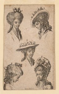 Cinque copricapi, come indossati dalle donne di Berlino, illustrazione per "Königl: Grosbrit [anische] Genealogischer Kalender auf das 1783 Jahr Lauenberg bey J.G. Berenberg" da Daniel Nikolaus Chodowiecki