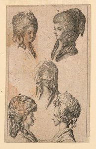 Cinque copricapi, come indossati dalle donne di Berlino, illustrazione per "Königl: Grosbrit [anische] Genealogischer Kalender auf das 1782 Jahr Lauenberg bey J.G. Berenberg" da Daniel Nikolaus Chodowiecki