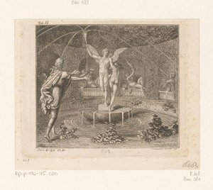 Idris tende le braccia verso una donna nuda accanto alla fontana dell