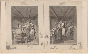 Ludwig mantiene a stento la famiglia con il suo lavoro [a sinistra]; Il padre ritorna dalla sua famiglia arricchito di tesori [a destra] da Daniel Nikolaus Chodowiecki