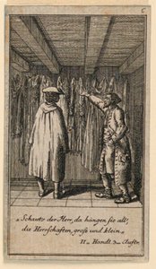 Il venditore di costumi, illustrazione della commedia "Nicht mehr als sachs Schuesseln" di Fredrich Wilhelm Grossman in "Königl: Grosbrit [anische] Genealogischer Kalender auf das 1782 Jahr Lauenberg bey J.G. Berenberg" da Daniel Nikolaus Chodowiecki