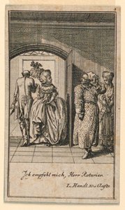 La coppia anziana che termina con arroganza una visita, illustrazione della commedia "Nicht mehr als sachs Schuesseln" di Fredrich Wilhelm Grossman in "Königl: Grosbrit [anische] Genealogischer Kalender auf das 1782 Jahr Lauenberg bey J.G. Berenberg" da Daniel Nikolaus Chodowiecki