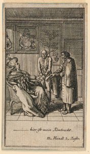 La donna anziana assume un uomo, illustrazione della commedia "Nicht mehr als sachs Schuesseln" di Fredrich Wilhelm Grossman in "Königl: Grosbrit [anische] Genealogischer Kalender auf das 1782 Jahr Lauenberg bey J.G. Berenberg" da Daniel Nikolaus Chodowiecki