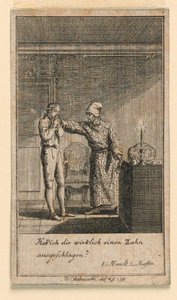 Lo schiaffo in faccia, illustrazione della commedia "Nicht mehr als sachs Schuesseln" di Fredrich Wilhelm Grossman in "Königl: Grosbrit [anische] Genealogischer Kalender auf das 1782 Jahr Lauenberg bey J.G. Berenberg"