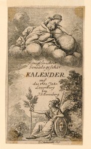 Pagina del titolo per "Königl: Grosbrit [anische] Genealogischer Kalender auf das 1781 Jahr Lauenberg bey J.G. Berenberg" da Daniel Nikolaus Chodowiecki