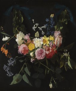Ghirlanda di fiori sospesa a due nastri blu da Daniel Seghers