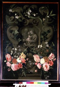La Vergine e il Bambino, Santa Elisabetta e San Giovanni Battista bambino in una ghirlanda di fiori