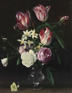 Rose, tulipani e narcisi in un vaso di vetro, con una farfalla, su un davanzale da Daniel Seghers