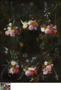 Cartiglio scolpito e ornato da ghirlande di fiori da Daniel Seghers