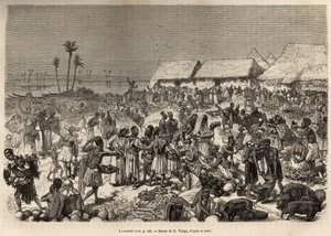 Un mercato molto animato vicino al fiume Congo, che riunisce più di tremila persone, incisa dopo un disegno di D.Vierge, illustrante l