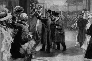 Louise Michel tornata in Francia (1830-1905) dopo la sua deportazione per la sua partecipazione alla Comune di Parigi. Fu accolta alla stazione di Saint-Lazare da Henri Rochefort (1831-1913), Louis Blanc (1811-1882) e Georges Clemenceau (1841-1929). da Daniel Urrabieta Vierge