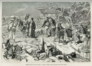Scene comuni dalla fiera di Salone (Croazia), vendita di frutta, verdura, pollame e agnelli, nonché tavoli allestiti per dissetarsi. Incisione dal disegno di Virgo, per illustrare il viaggio in Dalmazia, di Charles Yriarte, nel 1874, pubblicato in "Le tour
