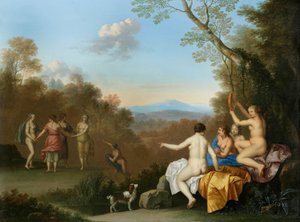 Ninfe che danzano e fanno musica vicino a una pozza su una collina boscosa con il pastore apulo