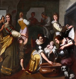 Vita della Vergine: “La Nascita di Maria” Dipinto di Daniele Crespi (1598-1630) XVII secolo Museo della Basilica di Santa Maria Assunta, Gallarate, Italia