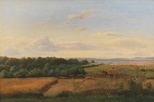 Paesaggio di Funen al tempo del raccolto con Wedellsborghoved sullo sfondo da Dankvart Dreyer