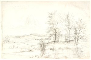 Vista su un paesaggio boscoso collinare. In primo piano un lago da Dankvart Dreyer