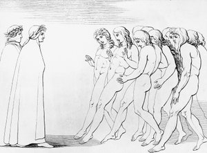Le anime si spaventano vedendo che Dante è vivo, illustrazione per il 3° canto del Purgatorio, Divina Commedia, poema allegorico di Dante Alighieri da Dante Alighieri