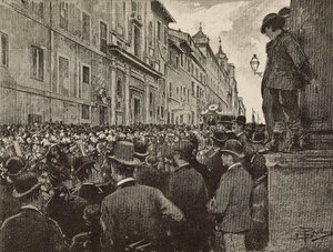 Funerale di Agostino Bertani (1812-1886), patriota e politico italiano, Roma, Italia, disegno di Dante Paolocci, incisione da L