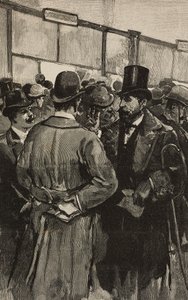 Sportelli bancari durante lo scandalo della Banca Romana, Roma, Italia, incisione da un disegno di Dante Paolocci, da L