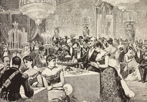Sala del buffet, ballo di corte al Quirinale, Roma, Italia, incisione da un disegno di Dante Paolocci, da L