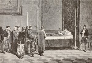 Il corpo del cardinale Giacomo Antonelli esposto in una delle stanze del Vaticano, incisione da un disegno di Dante Paolocci, da L