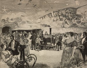 Festa di carnevale al Circolo Artistico Internazionale di Roma, Italia, incisione da un disegno di Dante Paolocci, da L