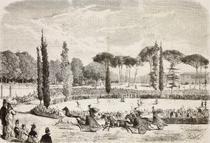 Corse di carri a Villa Borghese, Roma, Italia, incisione da un disegno di Dante Paolocci, da L