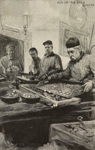 Conteggio delle monete nella zecca di Roma, Italia, incisione dopo un disegno di Dante Paolocci, da L