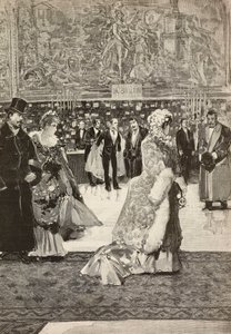Sala dei Corazzieri al Quirinale durante una festa, Roma, Italia, incisione di Francesco Giovanni Cantagalli da un disegno di Dante Paolocci, da L