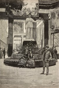 Esposizione di tessuti e merletti, Rotonda e Galleria dei Tessuti, Roma, Italia, incisione da un disegno di Dante Paolocci, da L