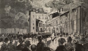 Incendio delle scuole israeliane del 1893, Roma, Italia, incisione dopo un disegno di Dante Paolocci, da L