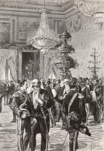 Politici e ufficiali italiani che celebrano la vigilia di Capodanno al Palazzo del Quirinale, Roma, Italia, incisione di Centenari da un disegno di Dante Paolocci, da L