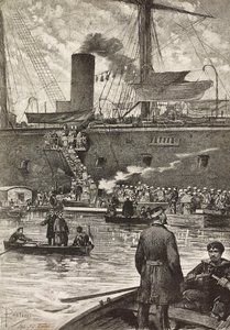Soldati italiani che imbarcano sulla nave da battaglia Principe Amedeo, spedizione italiana nel Mar Rosso, Napoli, Italia, incisione da un disegno di Dante Paolocci, da L