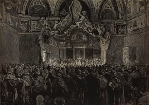 Leone XIII riceve i pellegrini francesi nella Sala Ducale, Giubileo Papale, Vaticano, incisione da disegno di Dante Paolocci, da L