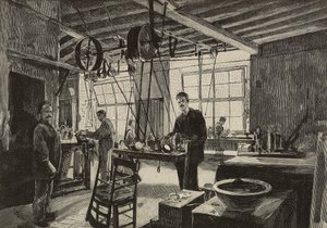 Officina meccanica nella zecca di Roma, Italia, incisione dopo un disegno di Dante Paolocci, da L