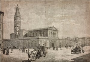 Nuova chiesa del Sacro Cuore a Roma, Italia, incisione da un disegno di Dante Paolocci, da L