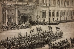 Apertura del Parlamento, arrivo del Re Umberto I a Montecitorio, Roma, Italia, incisione da un disegno di Dante Paolocci, L