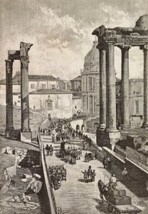 Passaggio attraverso il Foro, Roma, Italia, incisione da un disegno di Dante Paolocci, da L