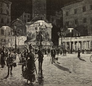 Piazza Colonna illuminata con luce elettrica, Roma, Italia, disegno di Dante Paolocci, incisione da L