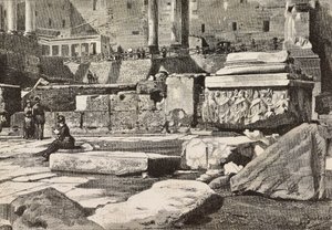 Piattaforme nel Foro Romano, Roma, Italia, incisione da un disegno di Dante Paolocci, da L