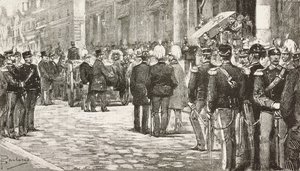 Politici e ufficiali che partecipano al corteo funebre di Luigi Mezzacapo (1814-1885), politico e ufficiale italiano, Roma, Italia, incisione da un disegno di Dante Paolocci, da L