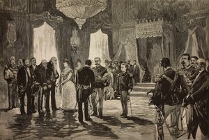 Principe di Napoli, Alfonso Maria Giuseppe Alberto di Borbone-Due Sicilie in uniforme da sottotenente, alla ricezione di Capodanno al Quirinale, Italia, incisione da un disegno di Dante Paolocci, da L